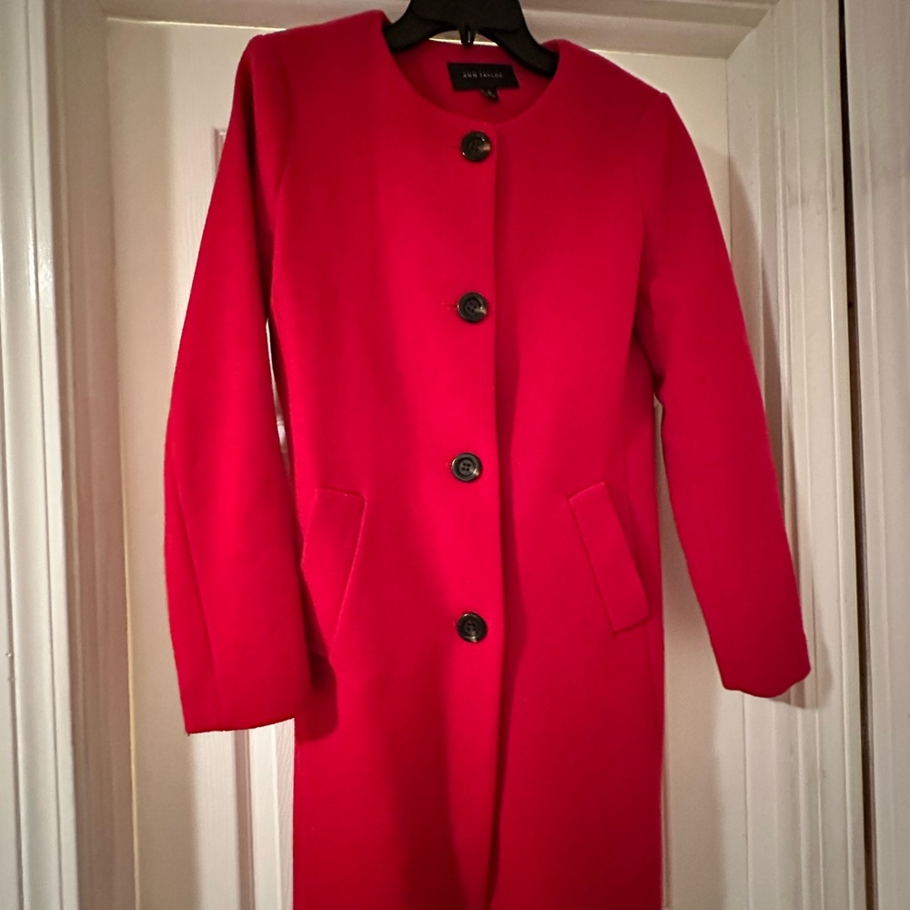 Ann Taylor Red Jewel Neck Wool Walking Coat